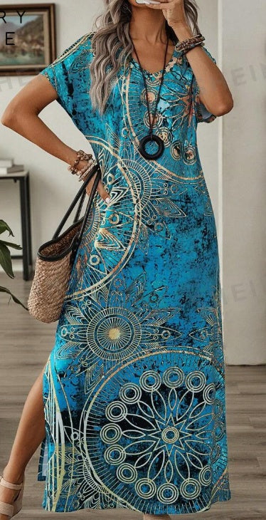 Women’s Vintage Floral Maxi Dress — V-Neck, Batwing Sleeve, Casual Summer