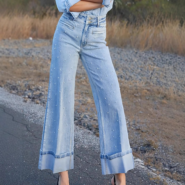 Euro-American High-Waist Beaded Wide-Leg Stretch Jeans