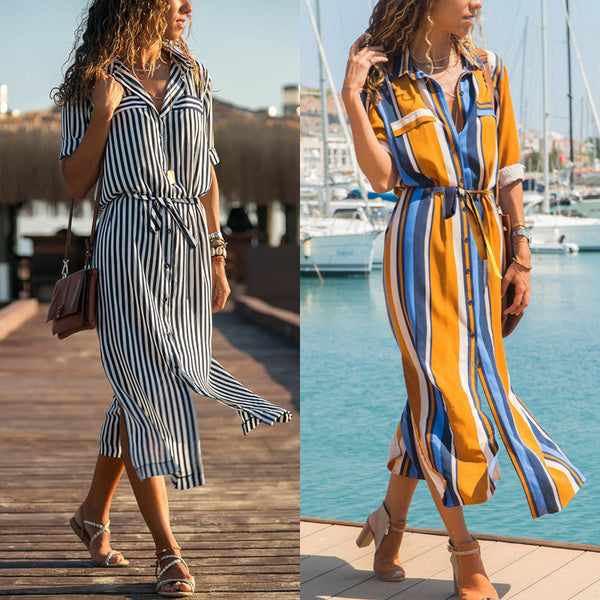 Women’s Stripe Chiffon Maxi Dress — V-Neck, Long Sleeve, Lace Detail, Elegant & Casual