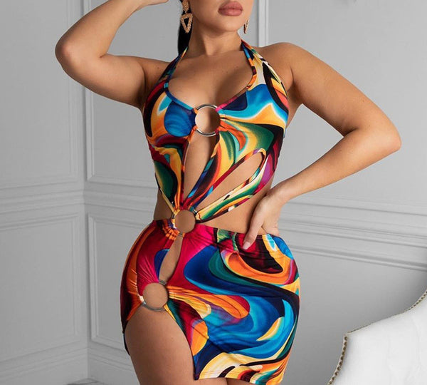 Adogirl Hollow Out Halter Mini Dress – Sexy Backless Multicolor Party Beach Wear for Women