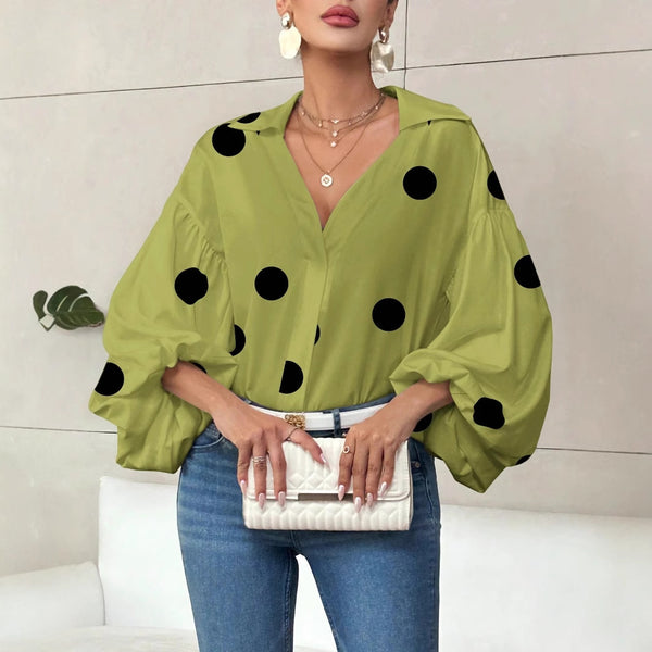French Polka Dot Half-Open Collar Bubble Sleeve Top