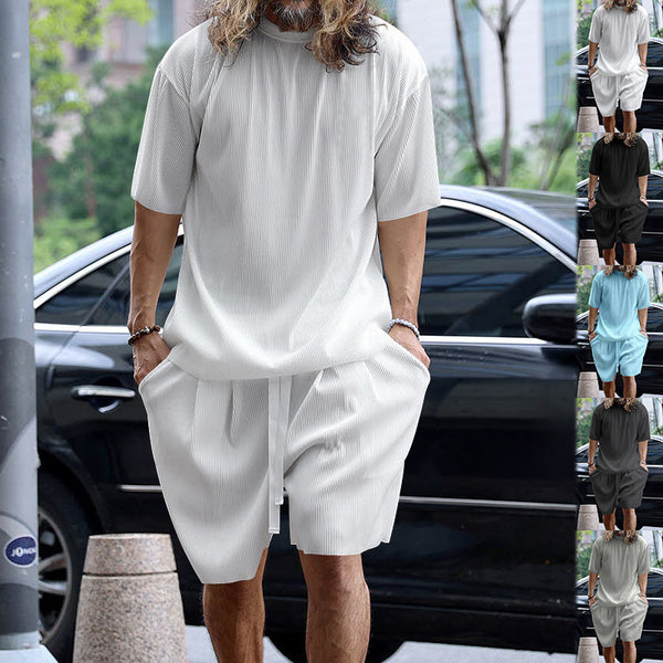 Ice Silk Sunken Stripe Loose Short Sleeve Shorts Men's Casual Suit