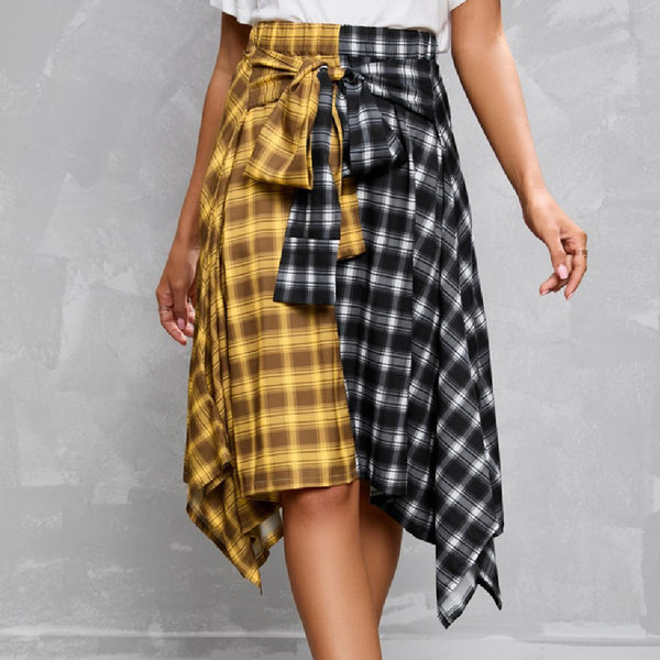 Elegant Irregular Lace-Up Check Midi Skirt