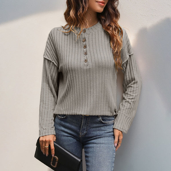 Buttoned Round-Neck Brushed Stripe Casual T-Shirt
