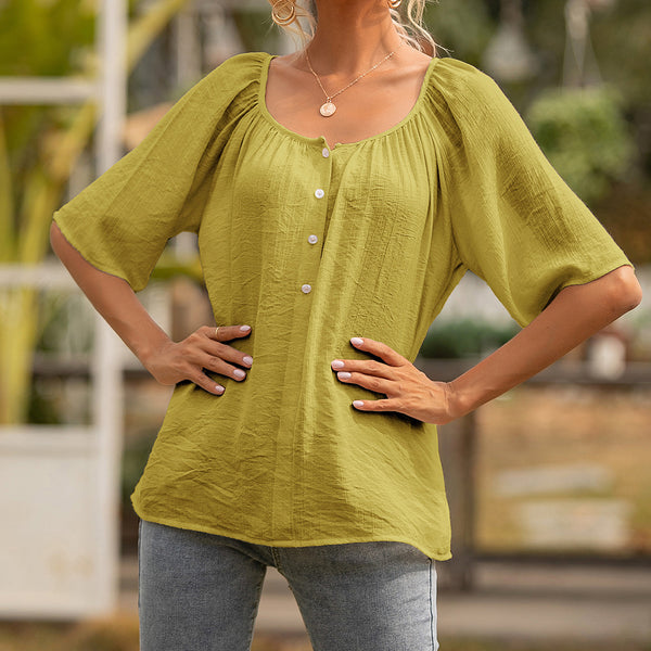 Button Square Collar Loose Short Sleeve Shirt Top Women