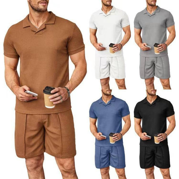 Men's Summer 2-Piece Waffle Polo Set – V-Neck Short Sleeve