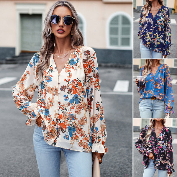 Floral V-Neck Chiffon Long Sleeve Blouse