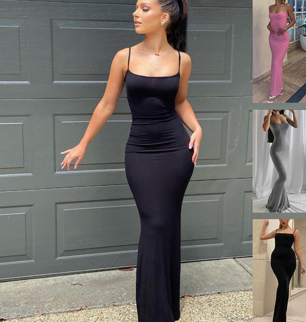 Spaghetti Strap Bodycon Dress – Slim Fit Long Party Club Dress for Women