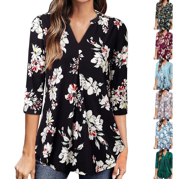 Floral Print V-Neck Long Sleeve Blouse