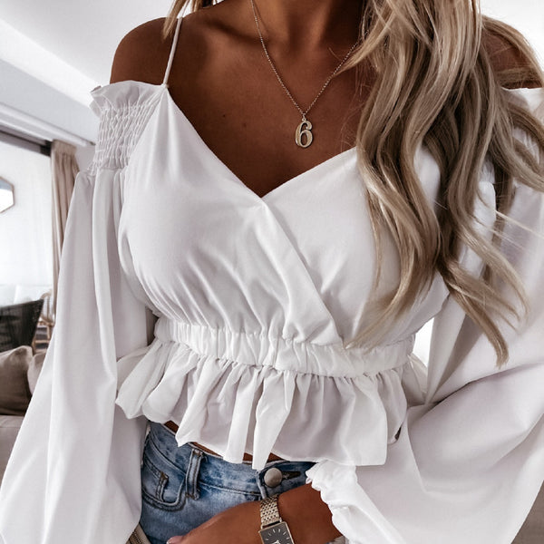 Elegant Ruffle Off-the-shoulder Sling Crossover Tops High-waist Blouse