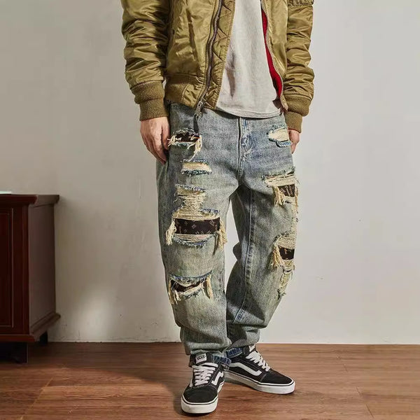 Jeans Men's Loose Straight Tapered Distressed Broken Holes Pants