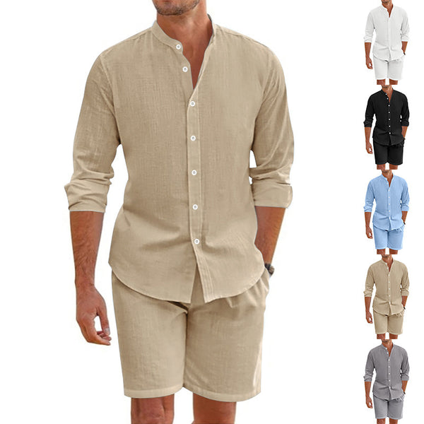 Men’s Summer Shirt Suit — Lapel Button-Down & Drawstring Shorts, Beachwear