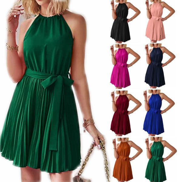 Strapless Halter Sundress – Solid Pleated Summer Beach Dress for Women