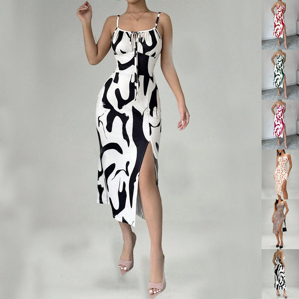 Summer Lace-Up Split Dress – Printed Slim Fit Long Dress for Women